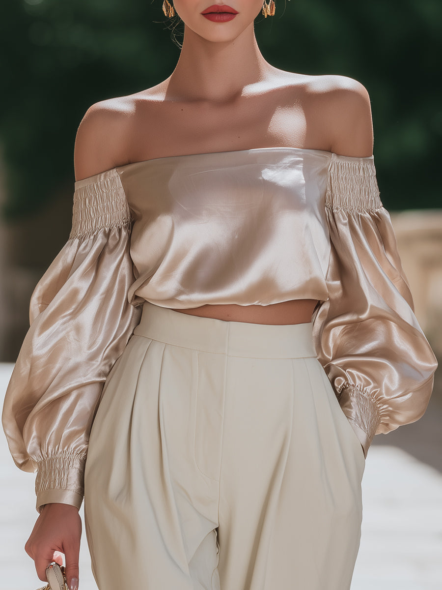 Silk-Feel Off-Shoulder Blouse With Smocked Sleeves