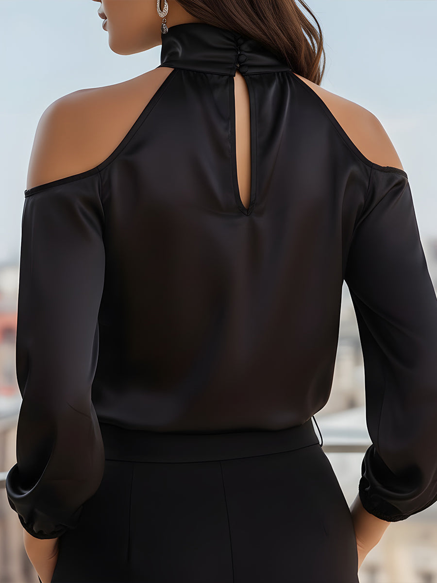 High-Neck Cold-Shoulder Long Sleeve Blouse