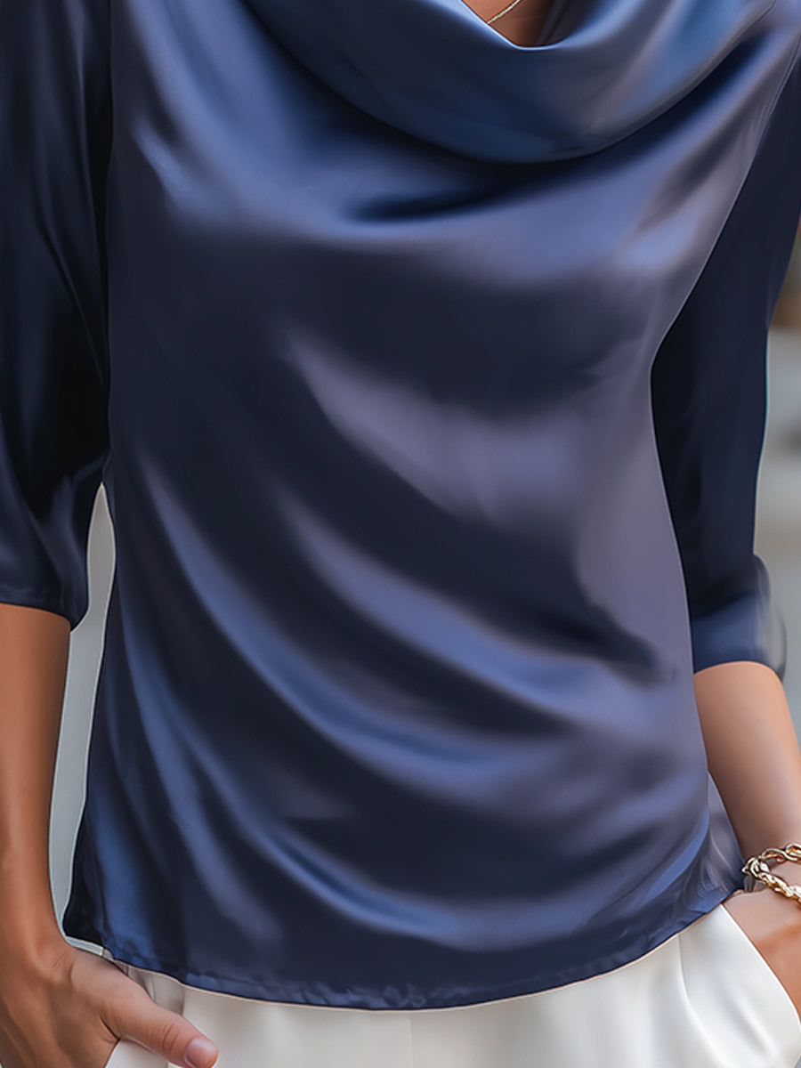 Navy Satin Cowl Neck Blouse | Effortless Elegance For Timeless Style