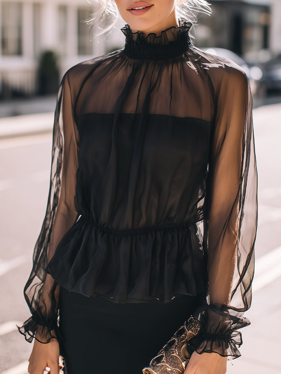 Sheer High Neck Long Sleeve Blouse