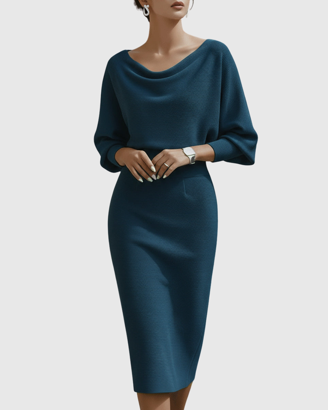 Ismeria | White Draped Batwing Midi Dress
