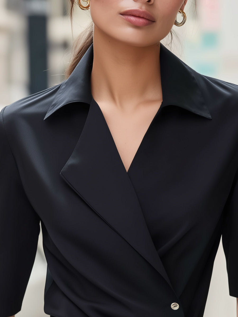 Tailored Wrap-Front Half-Sleeve Blouse