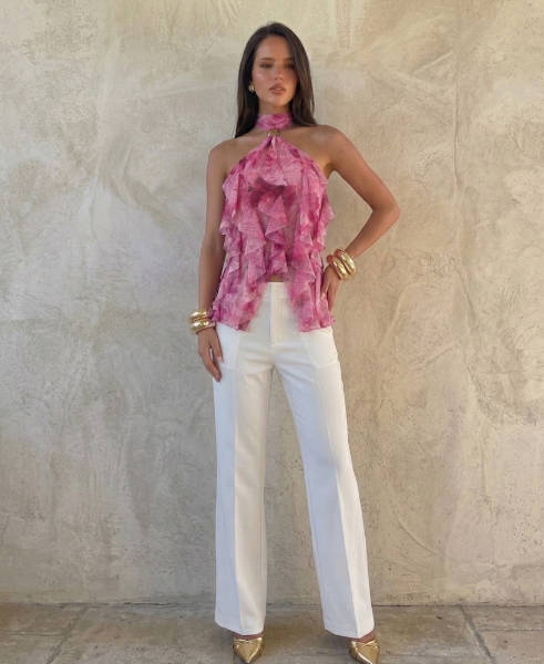 Ruffled High-Neck Sleeveless Chiffon Blouse