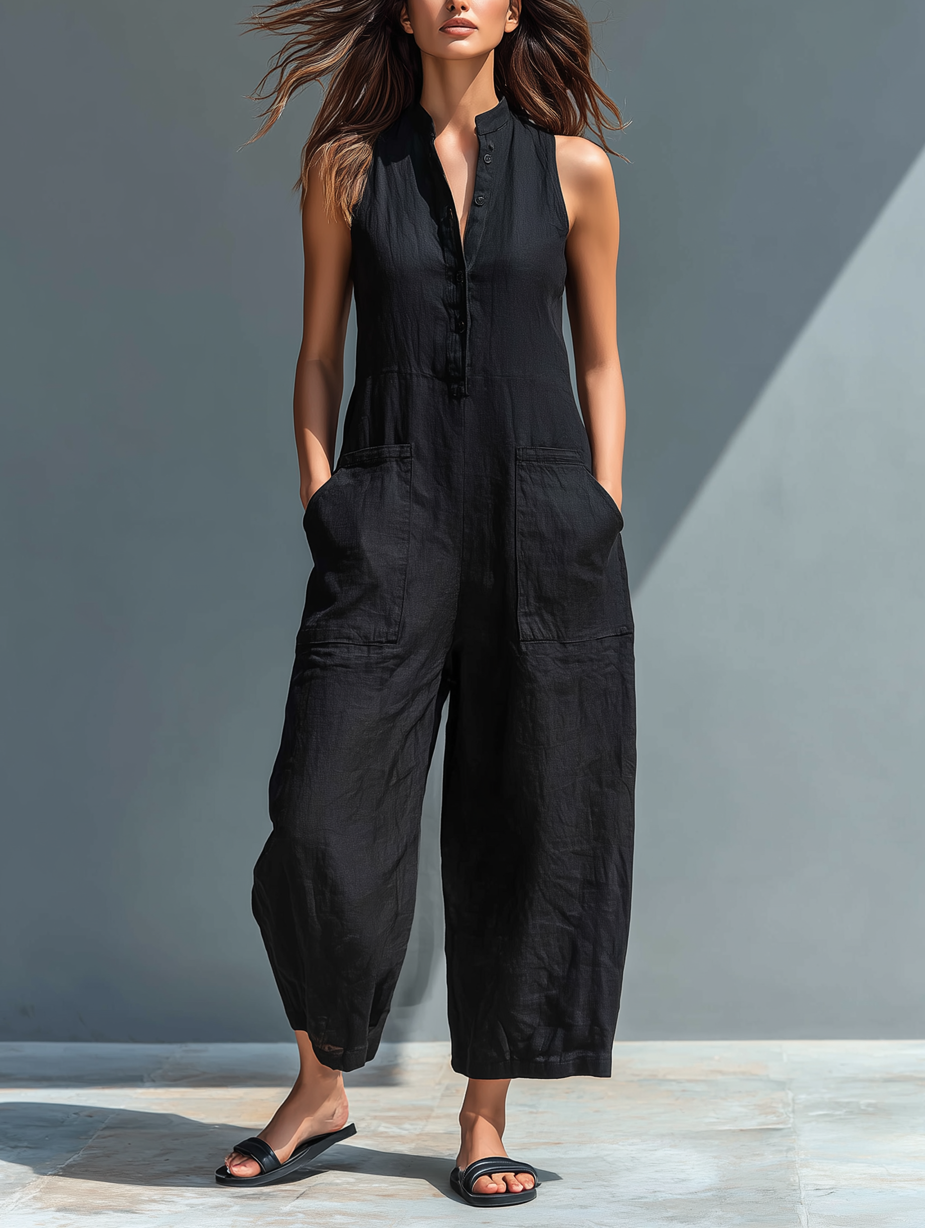 Sleeveless Minimalist Jumpsuit for Women with High Collar and Buttons