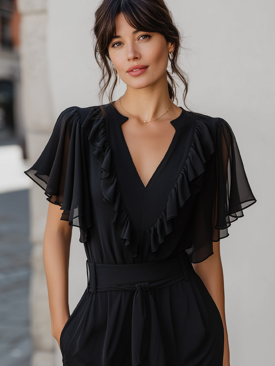 V-Neck Ruffled Chiffon Flutter Sleeve Blouse
