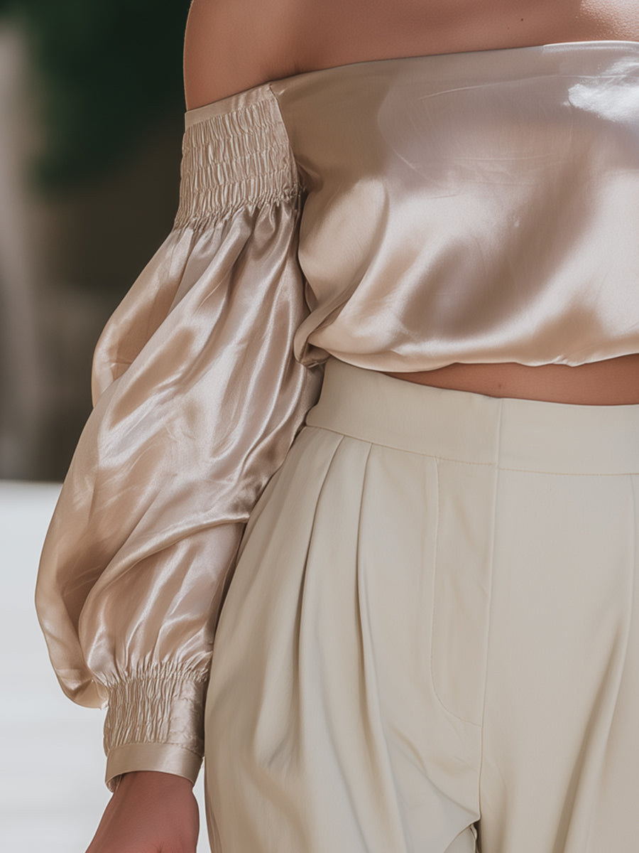 Silk-Feel Off-Shoulder Blouse With Smocked Sleeves