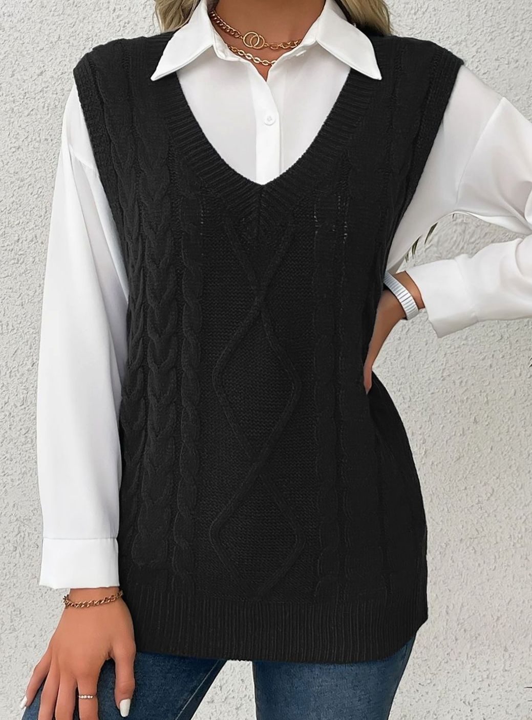 Camila | Women's Cable-Knit V-Neck Sweater Vest Relaxed Fit