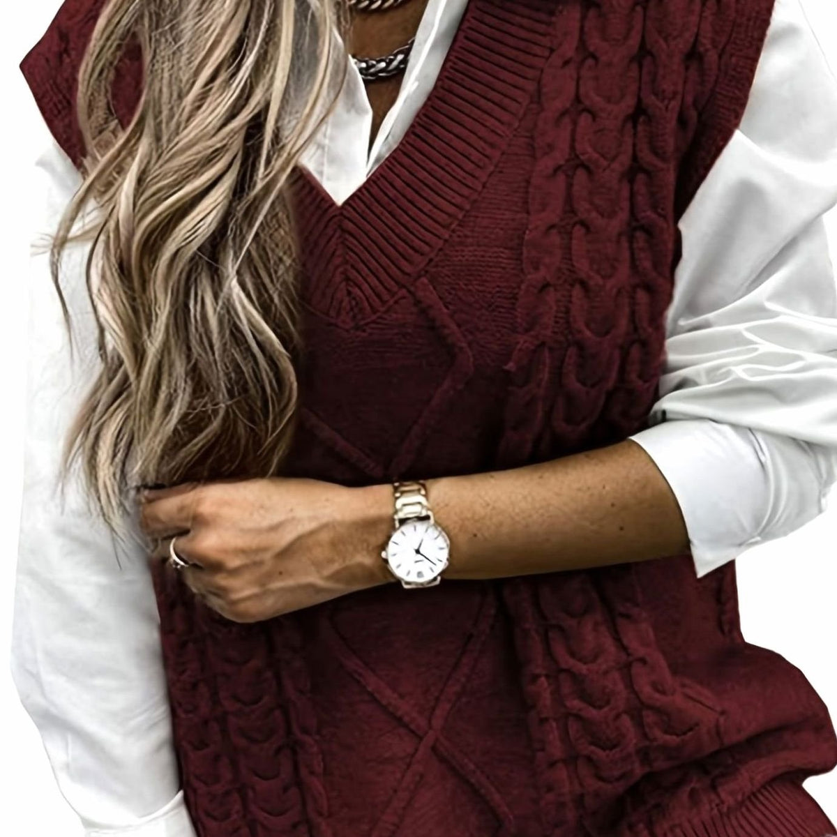Camila | Women's Cable-Knit V-Neck Sweater Vest Relaxed Fit