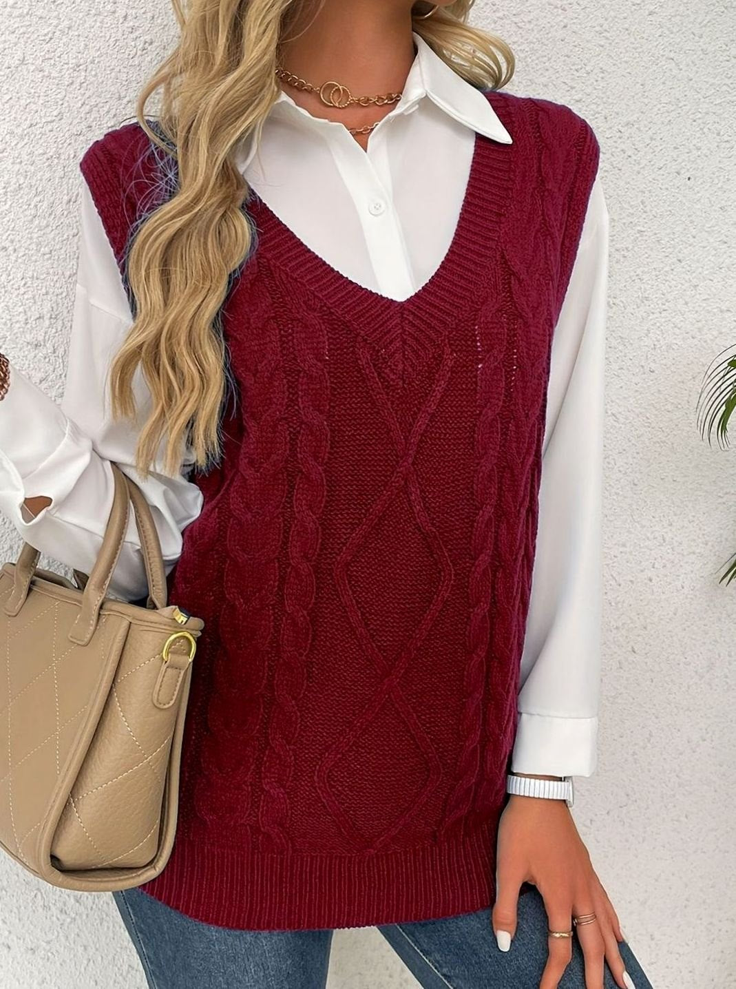 Camila | Women's Cable-Knit V-Neck Sweater Vest Relaxed Fit