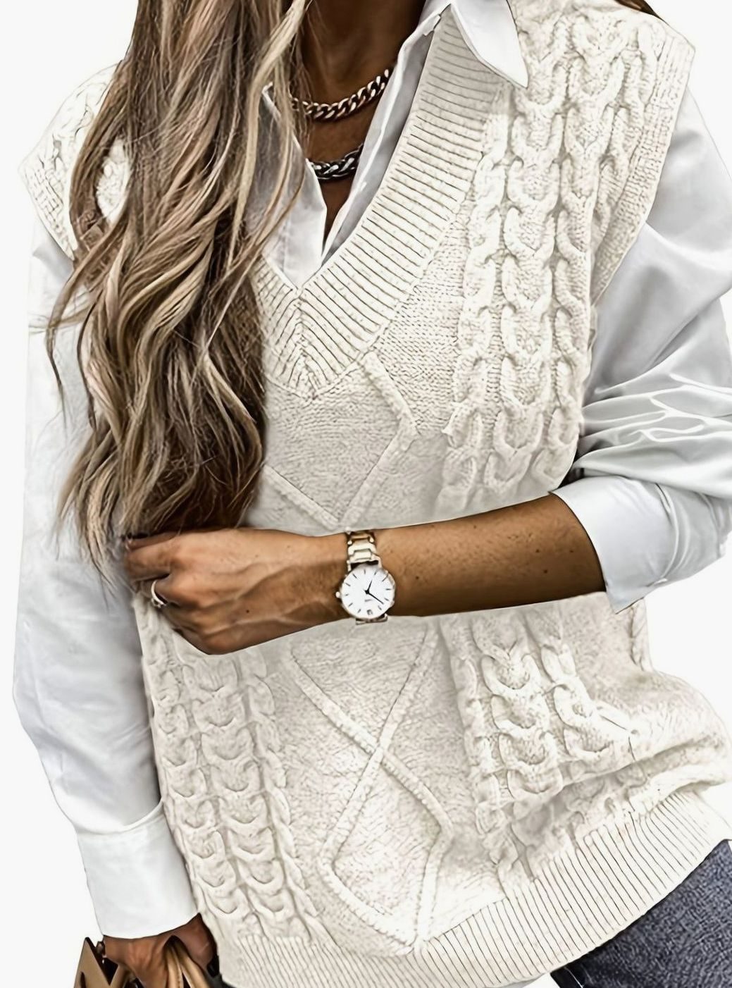 Camila | Women's Cable-Knit V-Neck Sweater Vest Relaxed Fit