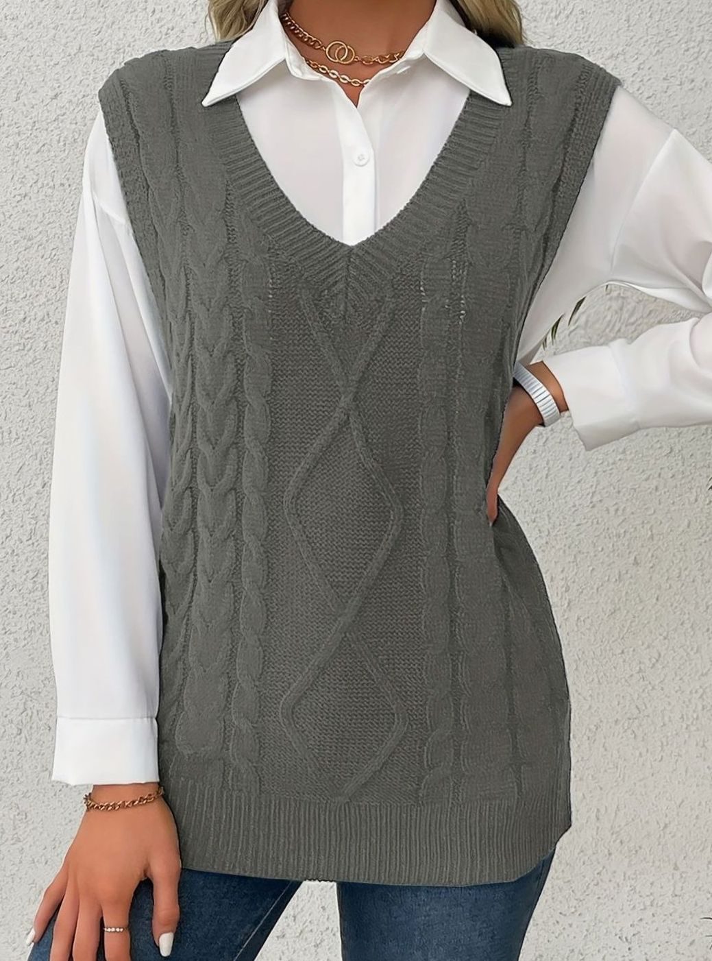 Camila | Women's Cable-Knit V-Neck Sweater Vest Relaxed Fit