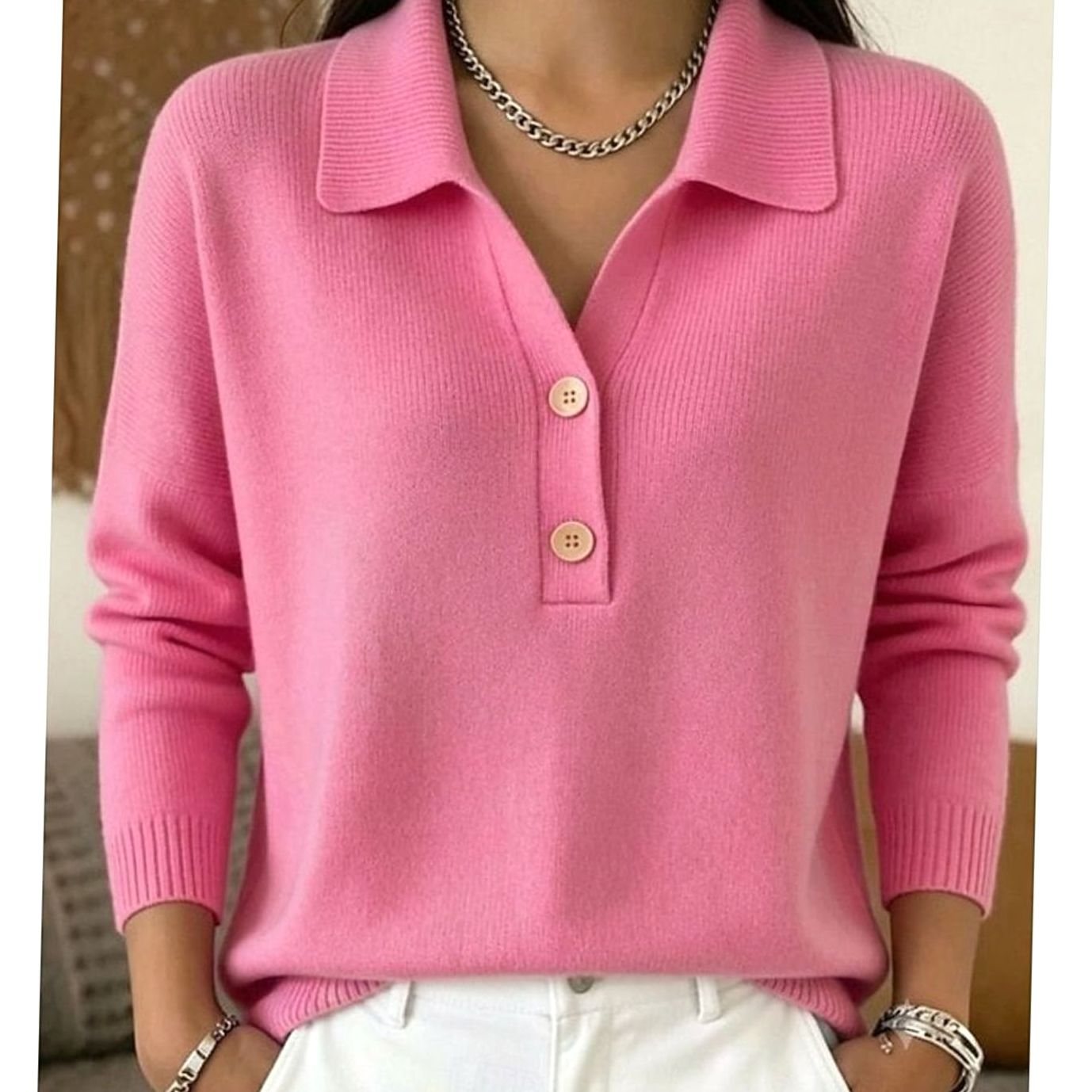 Emma | Women's Collared Button-Placket Knit Pullover Sweater