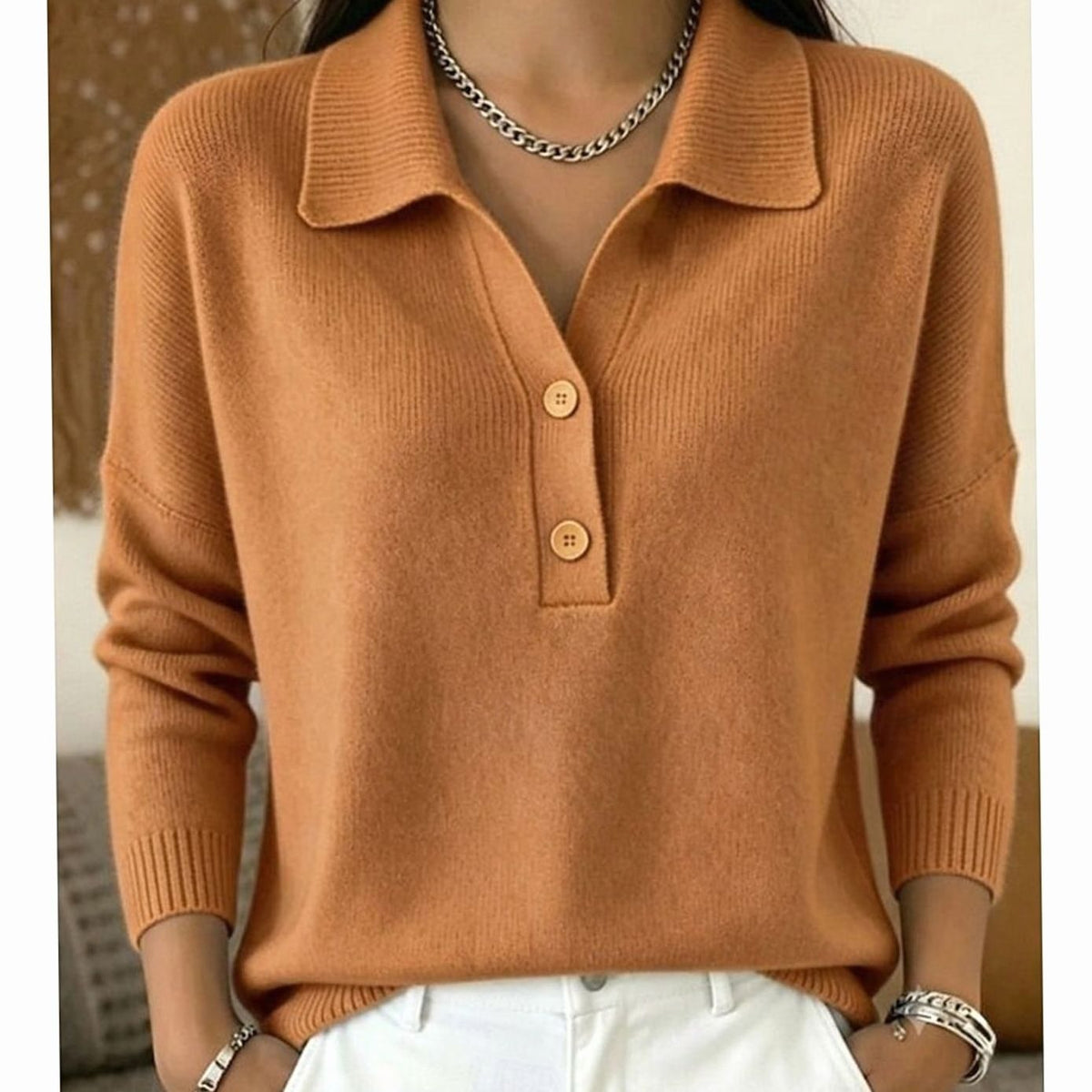 Emma | Women's Collared Button-Placket Knit Pullover Sweater