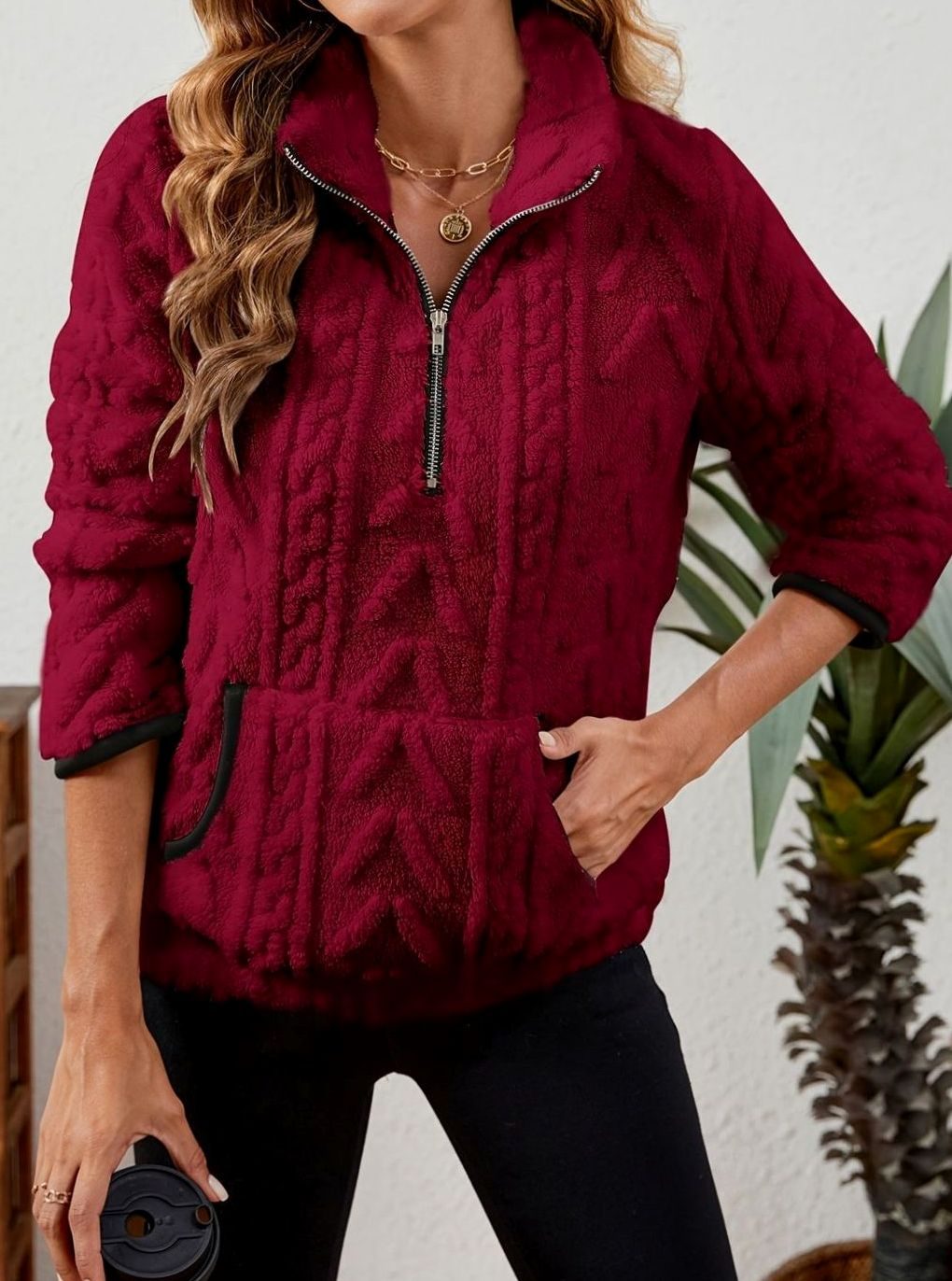 Madison | Women's Cozy Fleece Half-Zip Kangaroo Pocket Pullover Sweater