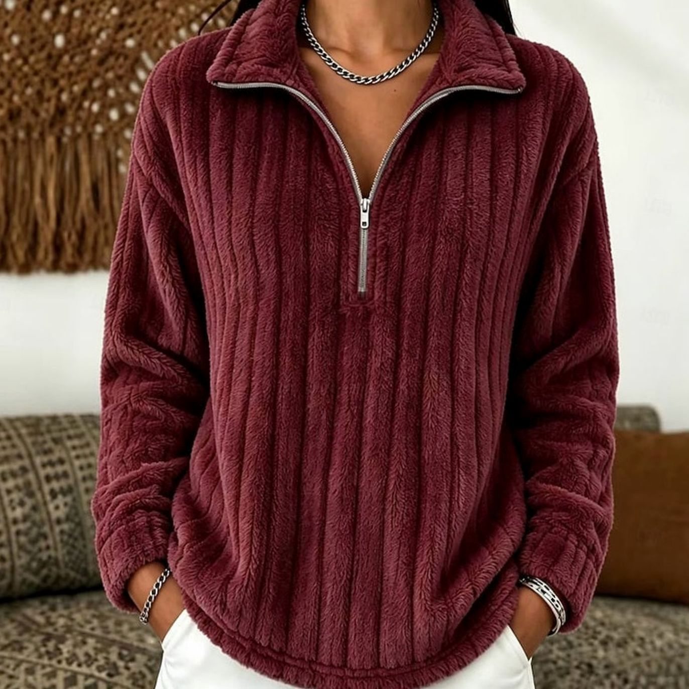Evelyn | Women's Fleece Quarter-Zip Pullover Sweater Ribbed Plush Top