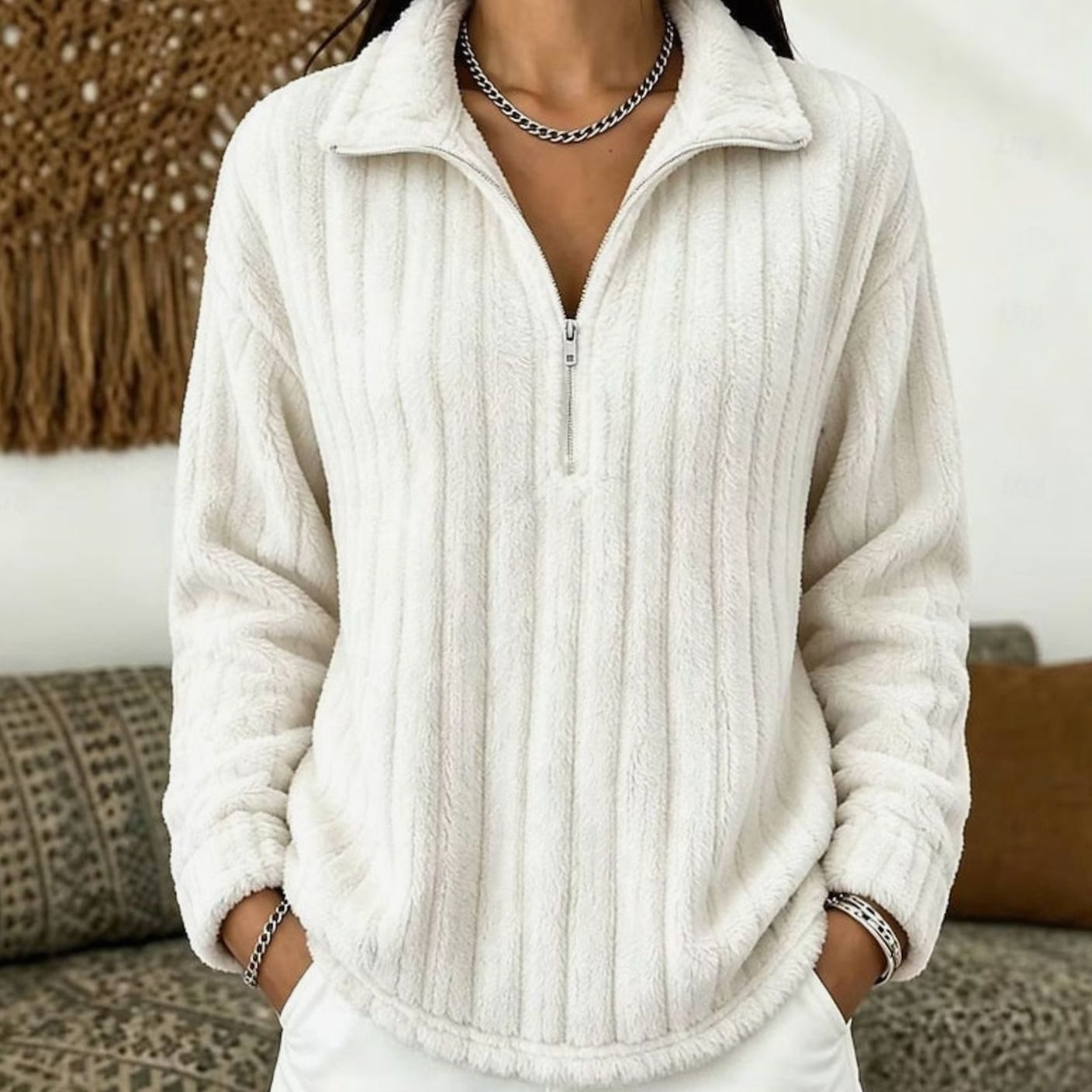 Evelyn | Women's Fleece Quarter-Zip Pullover Sweater Ribbed Plush Top
