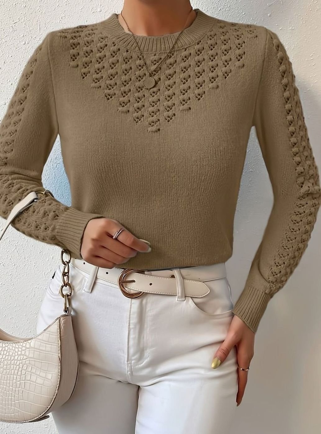 Layla | Women's Pointelle-Knit Round Neck Long Sleeve Sweater