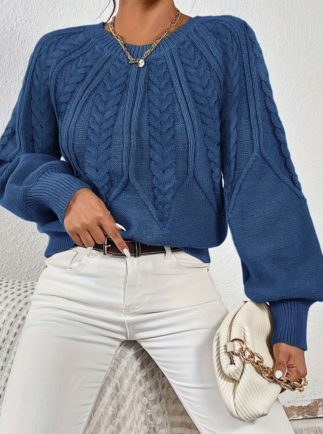 Sophia | Women's Relaxed Cable-Knit Lantern Sleeve Sweater