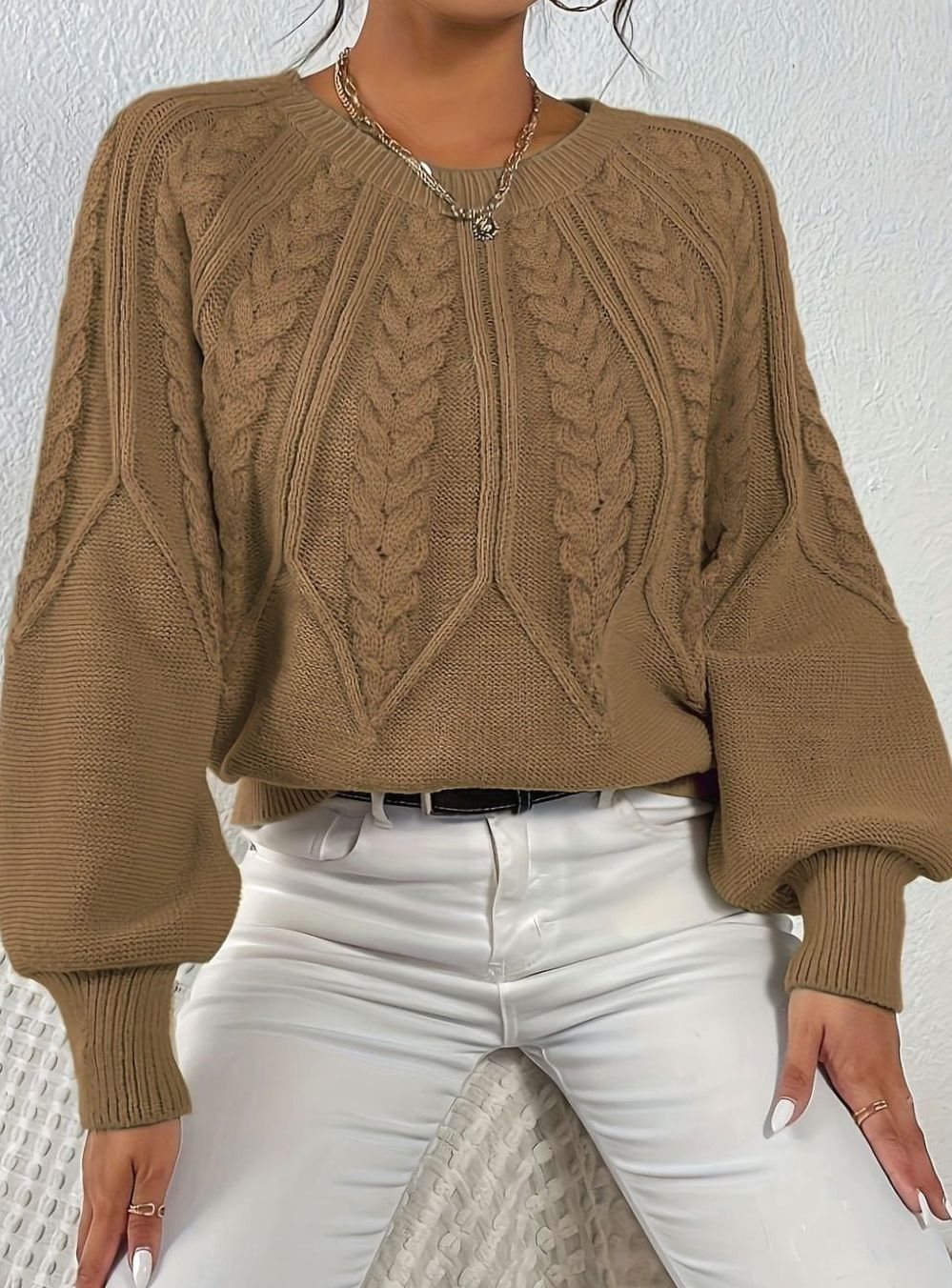 Sophia | Women's Relaxed Cable-Knit Lantern Sleeve Sweater