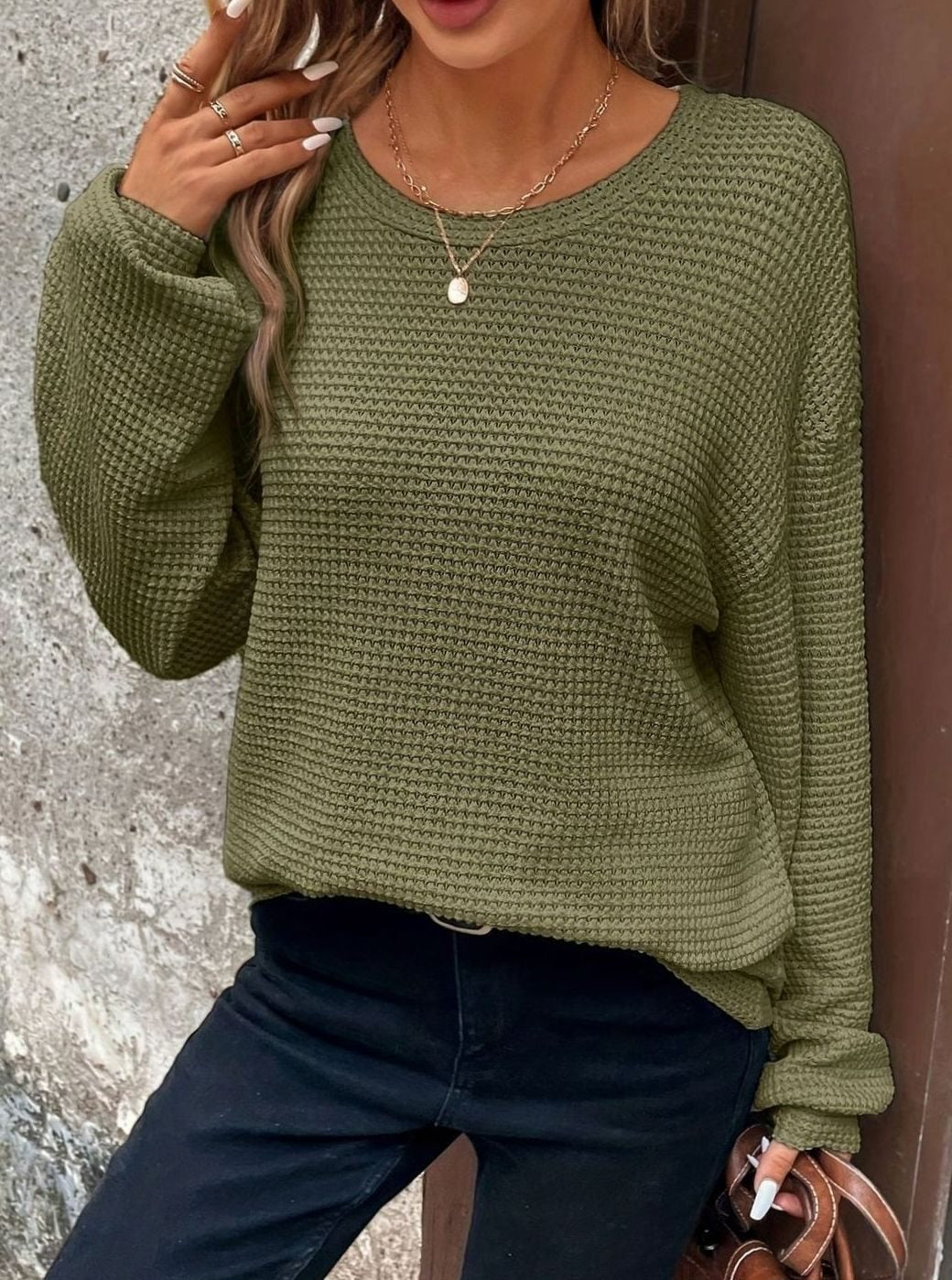 Camila | Women's Relaxed Drop-Shoulder Waffle-Knit Round-Neck Sweater