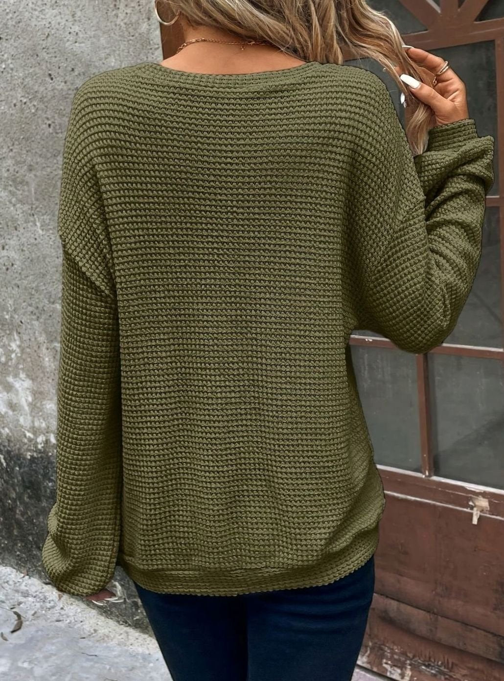 Camila | Women's Relaxed Drop-Shoulder Waffle-Knit Round-Neck Sweater