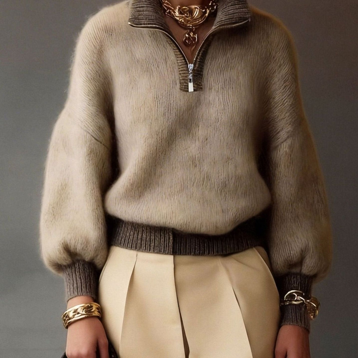 Eleanor | Women's Relaxed Half-Zip Fuzzy Knit Pullover Sweater