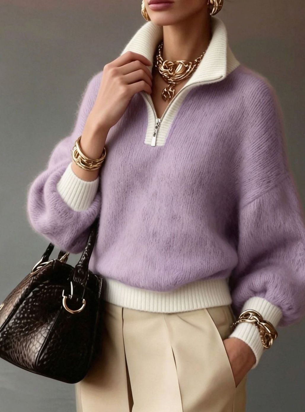 Eleanor | Women's Relaxed Half-Zip Fuzzy Knit Pullover Sweater