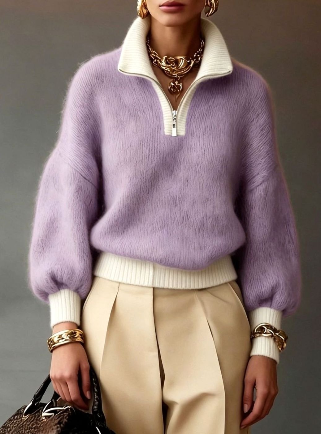 Eleanor | Women's Relaxed Half-Zip Fuzzy Knit Pullover Sweater