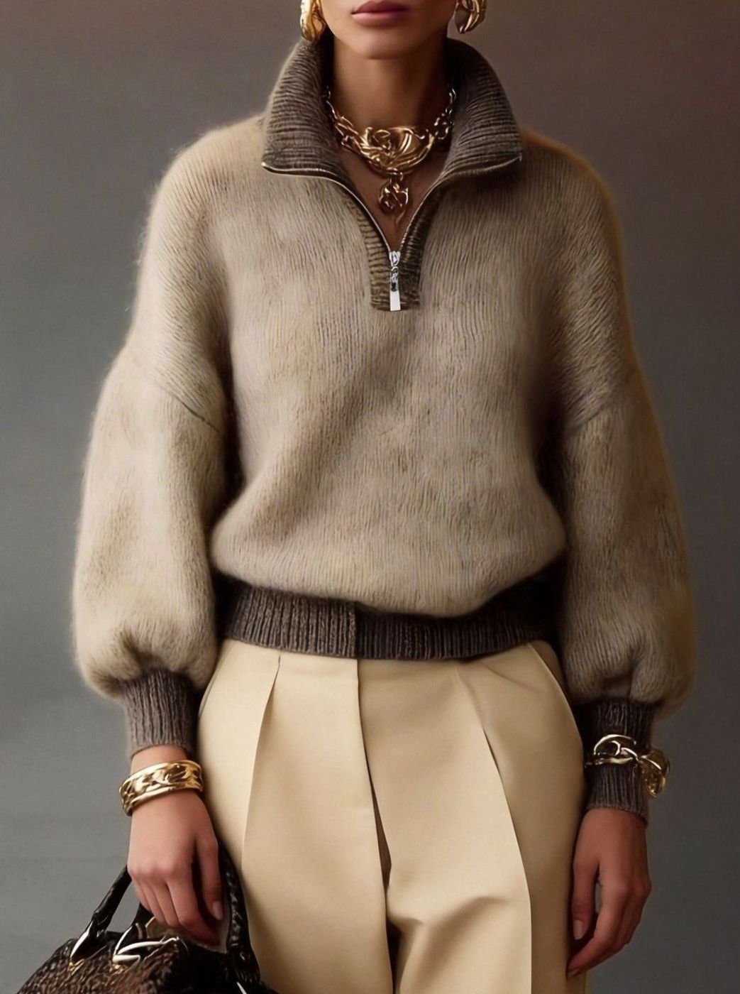 Eleanor | Women's Relaxed Half-Zip Fuzzy Knit Pullover Sweater