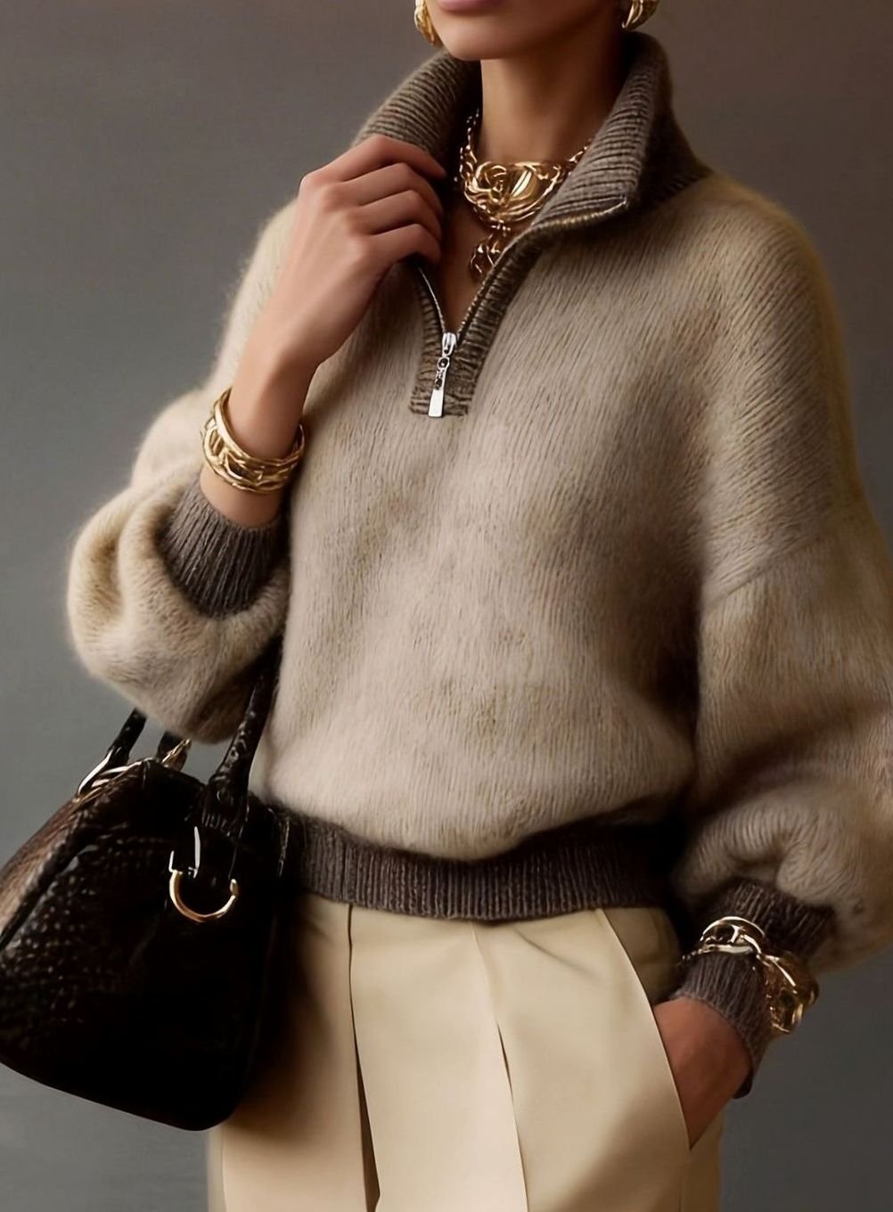 Eleanor | Women's Relaxed Half-Zip Fuzzy Knit Pullover Sweater