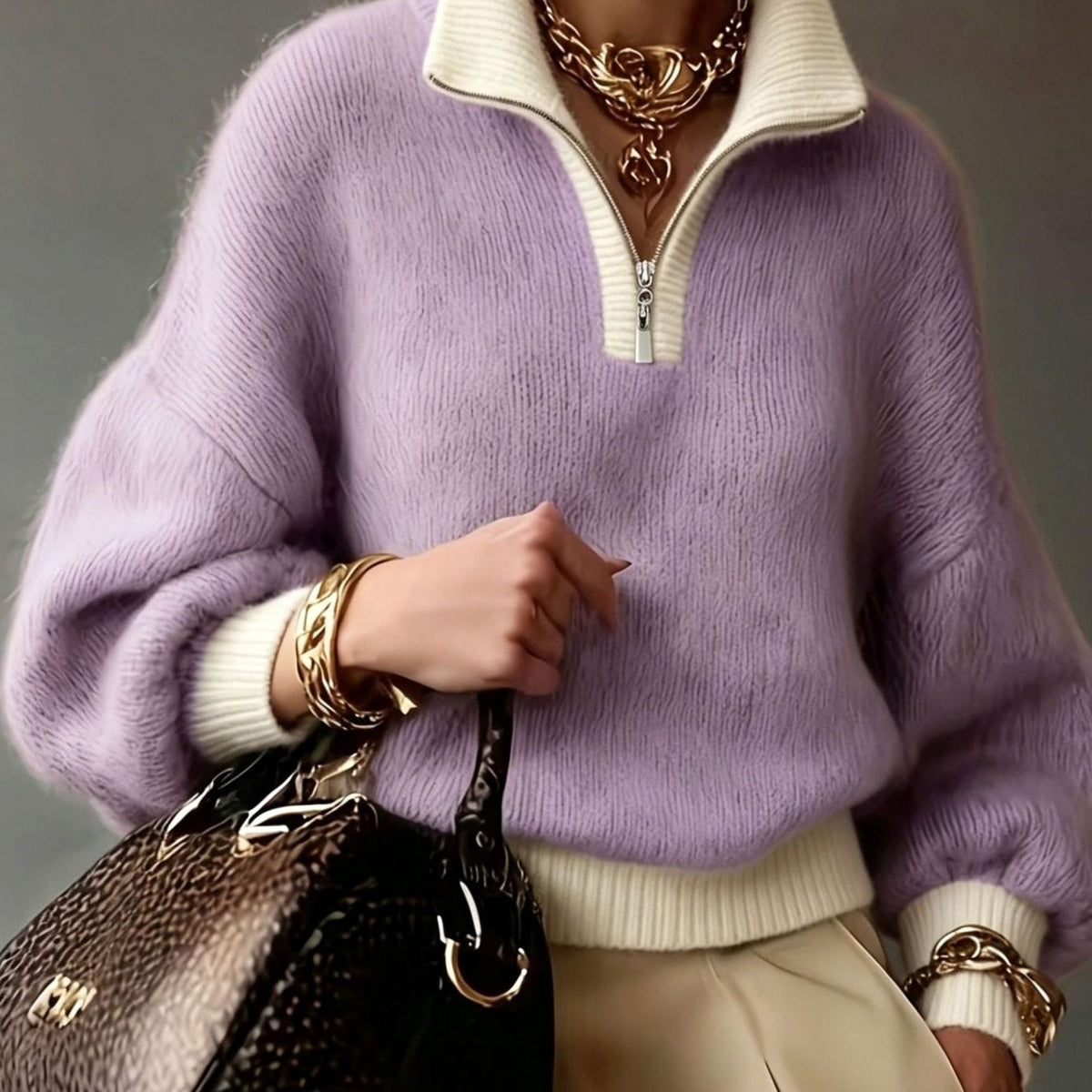 Eleanor | Women's Relaxed Half-Zip Fuzzy Knit Pullover Sweater