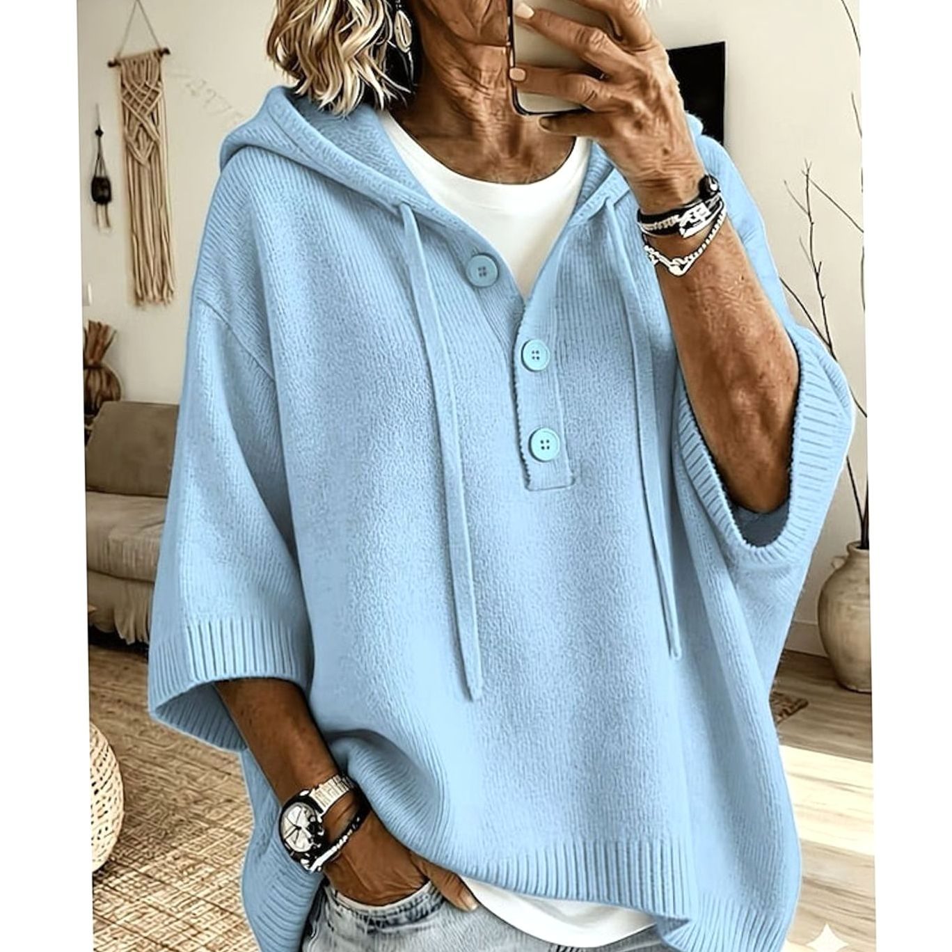 Charlotte | Women's Relaxed Hooded Knit Sweater Half-Button 3/4 Sleeve