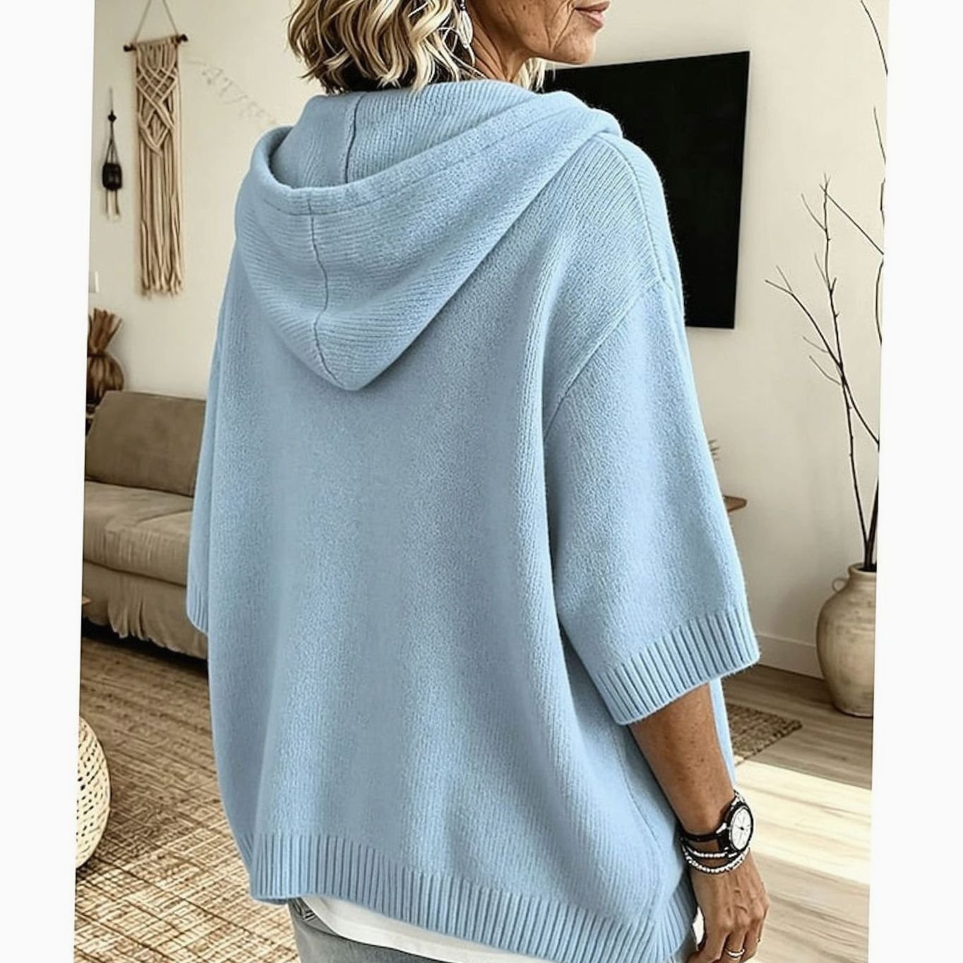 Charlotte | Women's Relaxed Hooded Knit Sweater Half-Button 3/4 Sleeve