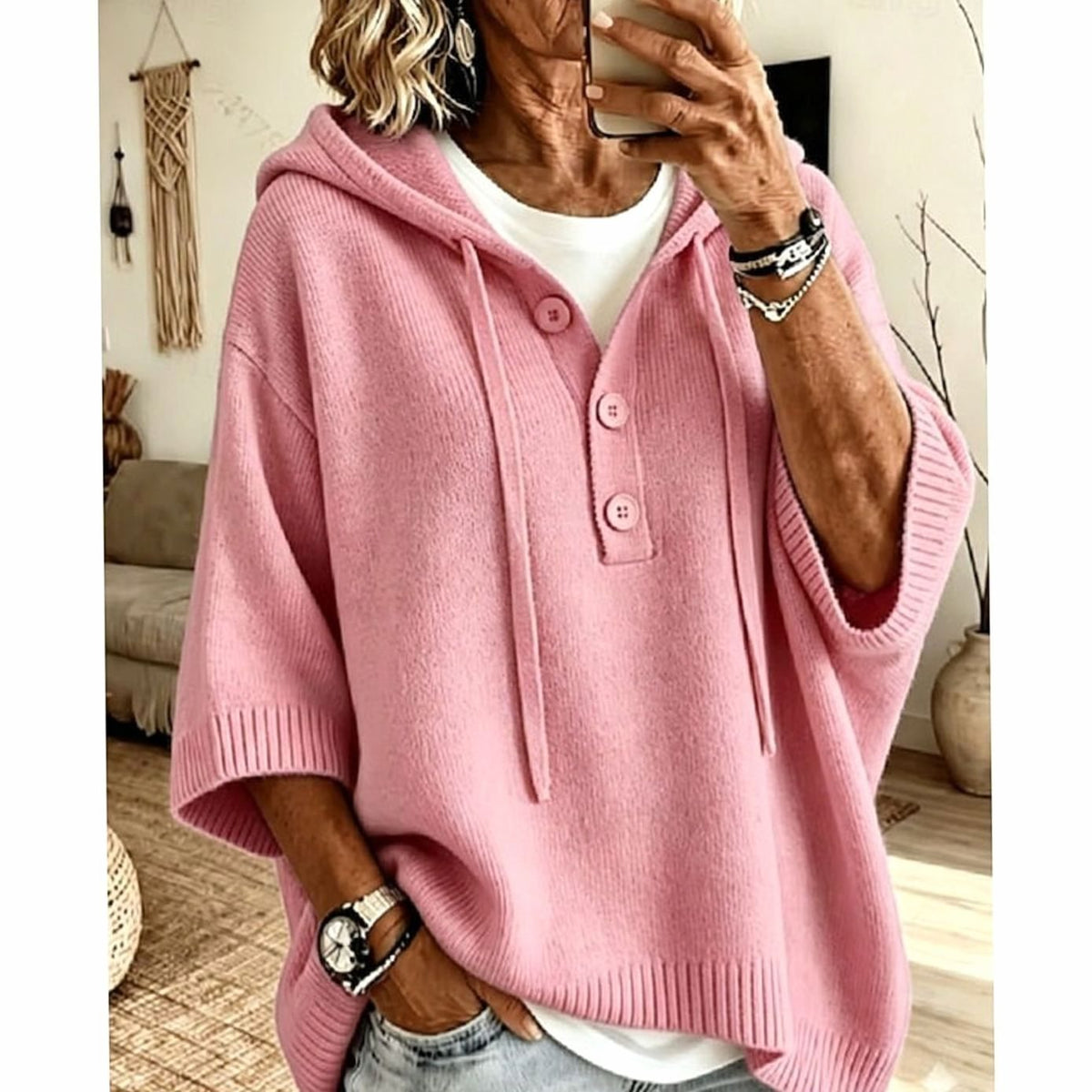 Charlotte | Women's Relaxed Hooded Knit Sweater Half-Button 3/4 Sleeve