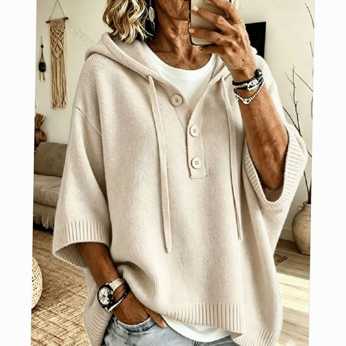 Charlotte | Women's Relaxed Hooded Knit Sweater Half-Button 3/4 Sleeve