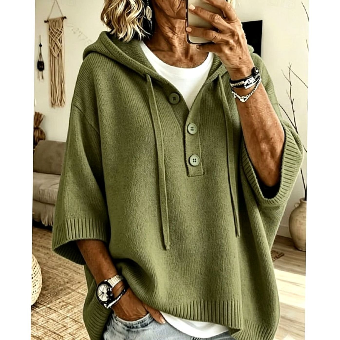 Charlotte | Women's Relaxed Hooded Knit Sweater Half-Button 3/4 Sleeve