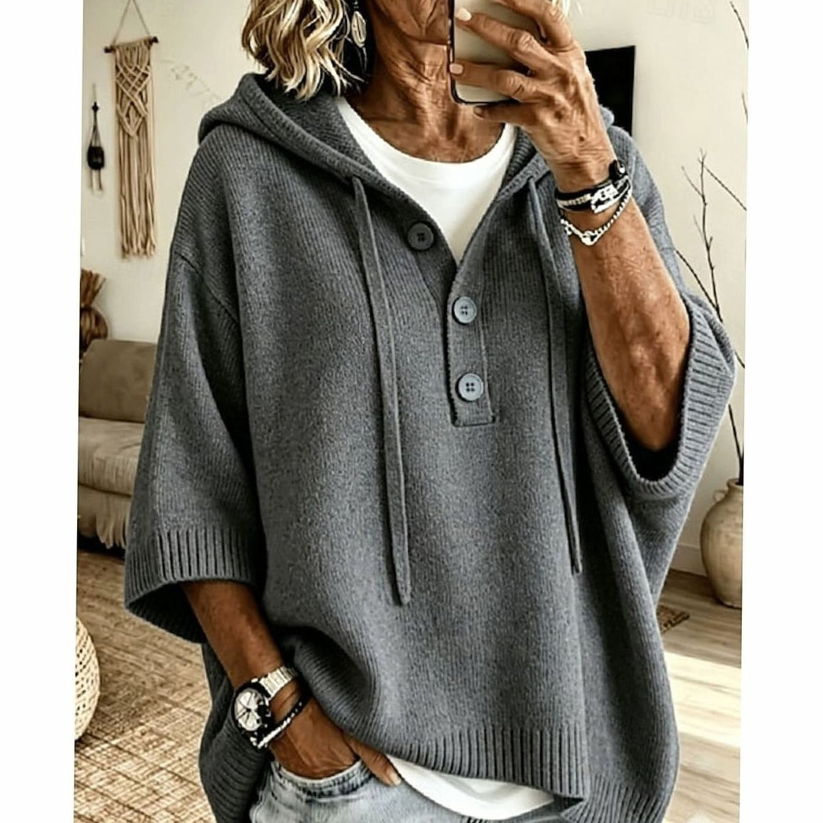 Charlotte | Women's Relaxed Hooded Knit Sweater Half-Button 3/4 Sleeve