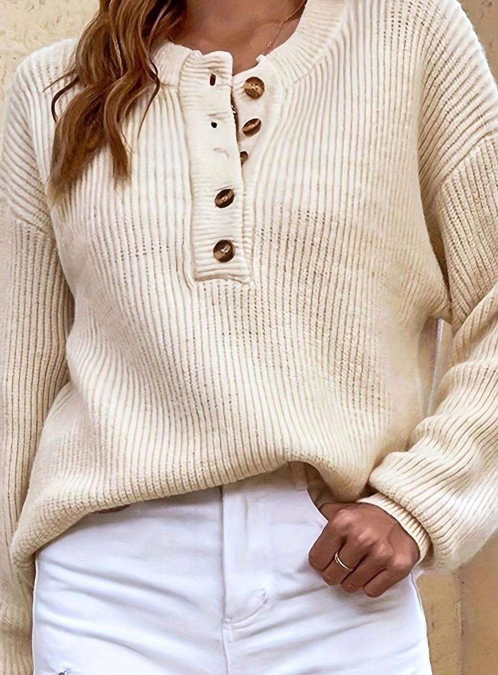 Eleanor | Women's Ribbed Henley Button-Neck Knit Sweater