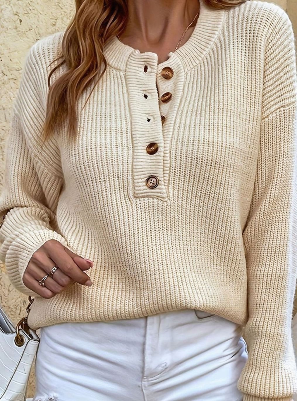 Eleanor | Women's Ribbed Henley Button-Neck Knit Sweater