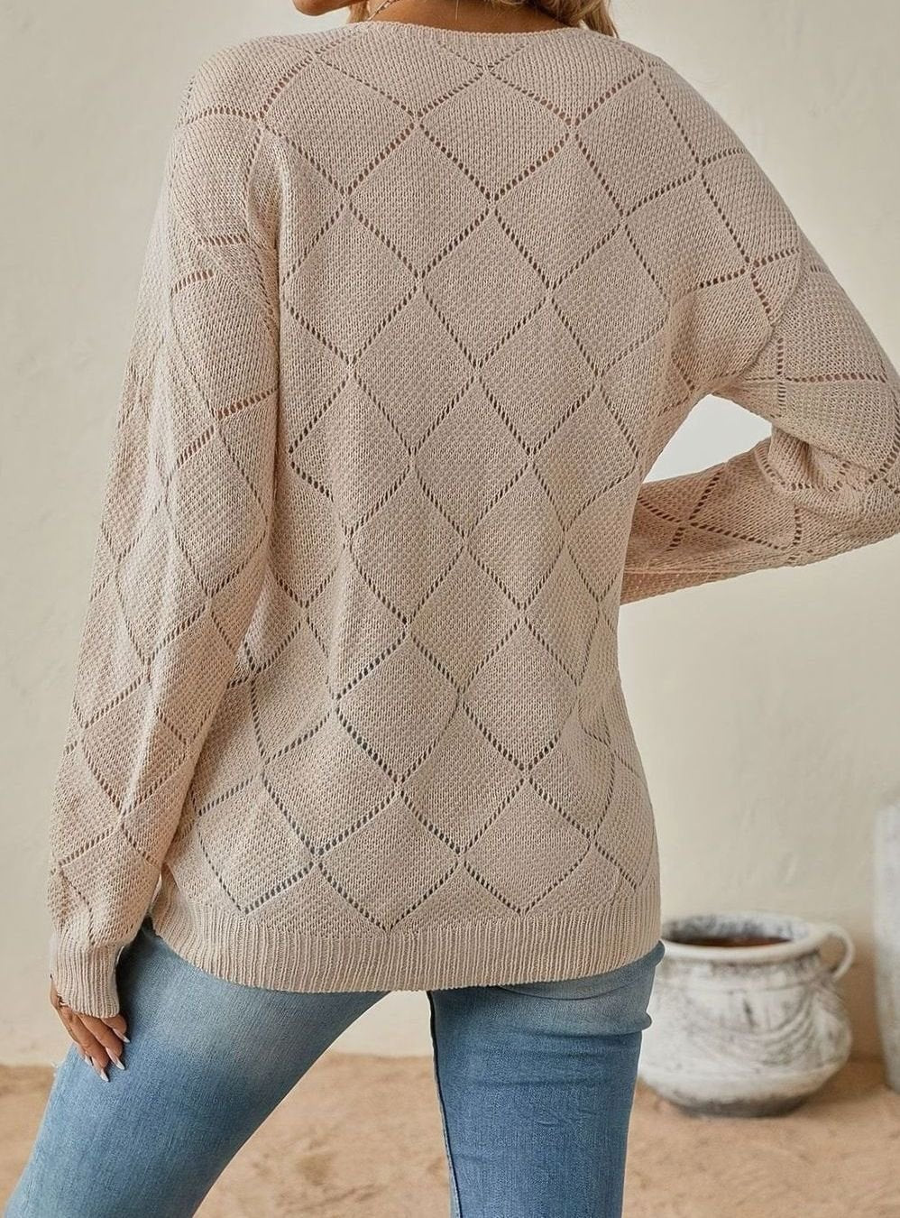 Olivia | Women's V-Neck Openwork Diamond-Knit Long-Sleeve Sweater