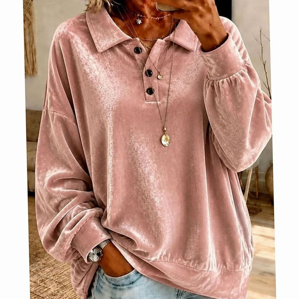 Layla | Women's Velvet Collared Button-Placket Relaxed Pullover Sweater