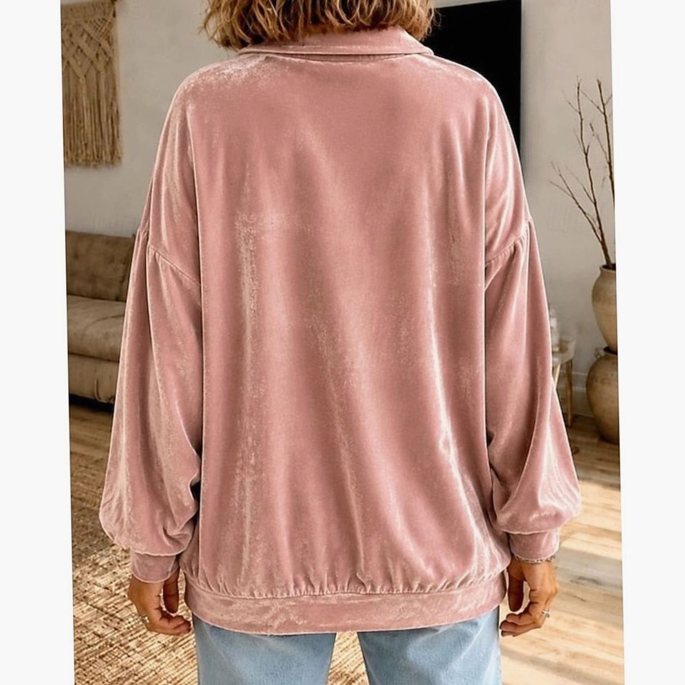 Layla | Women's Velvet Collared Button-Placket Relaxed Pullover Sweater